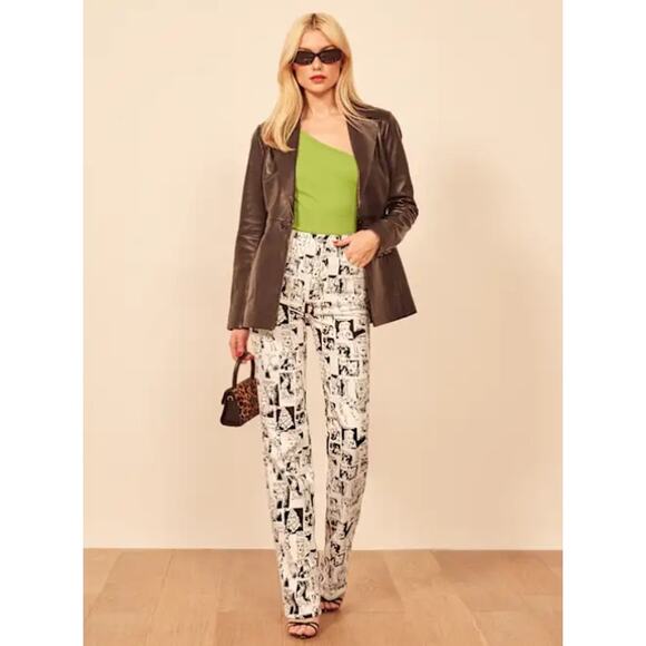 Reformation Jeans 26 Straight Leg Comic Print Newsprint High Rise White Denim - Picture 1 of 16